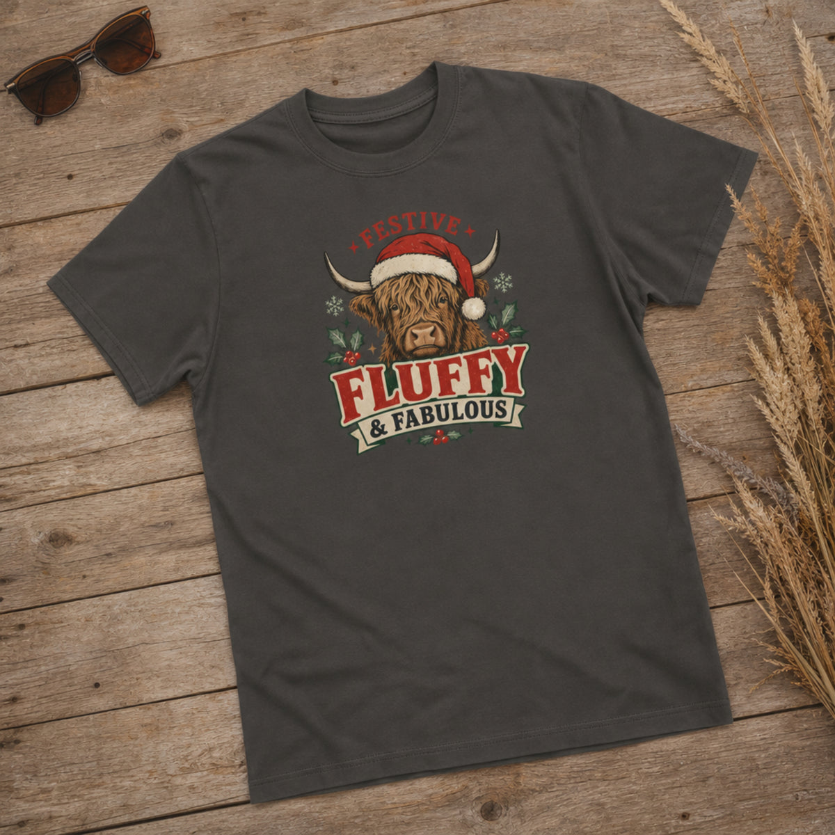Festive Fluffy and Fabulous Highland Cow Christmas Comfort Colors 1717 Dyed Tee