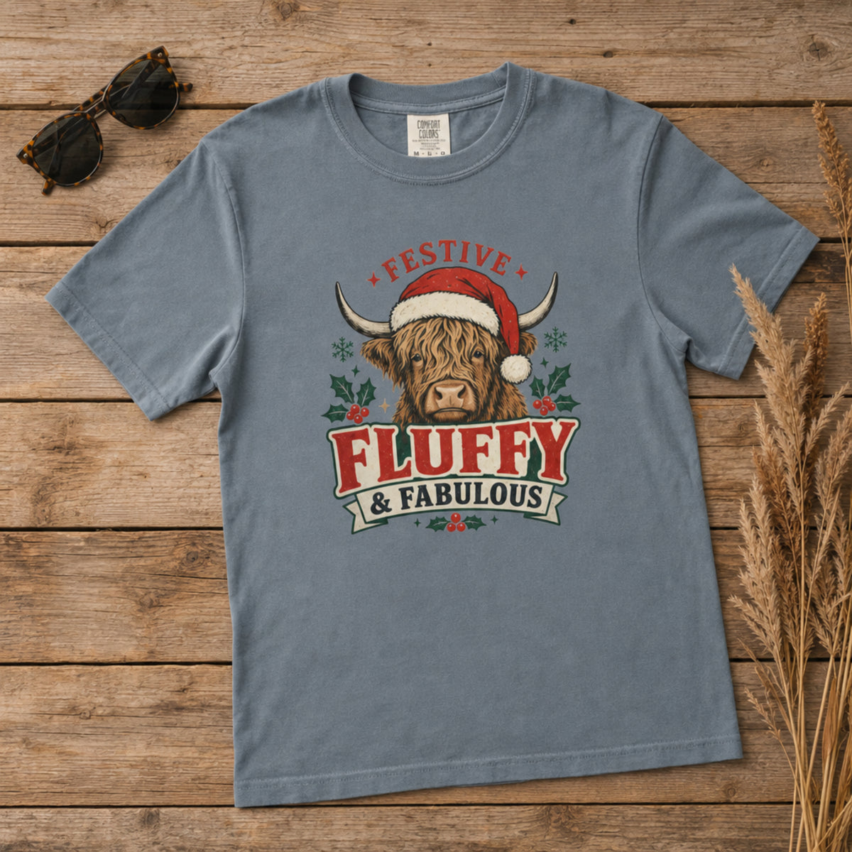 Festive Fluffy and Fabulous Highland Cow Christmas Comfort Colors 1717 Dyed Tee