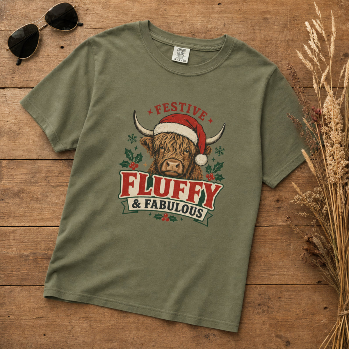Festive Fluffy and Fabulous Highland Cow Christmas Comfort Colors 1717 Dyed Tee