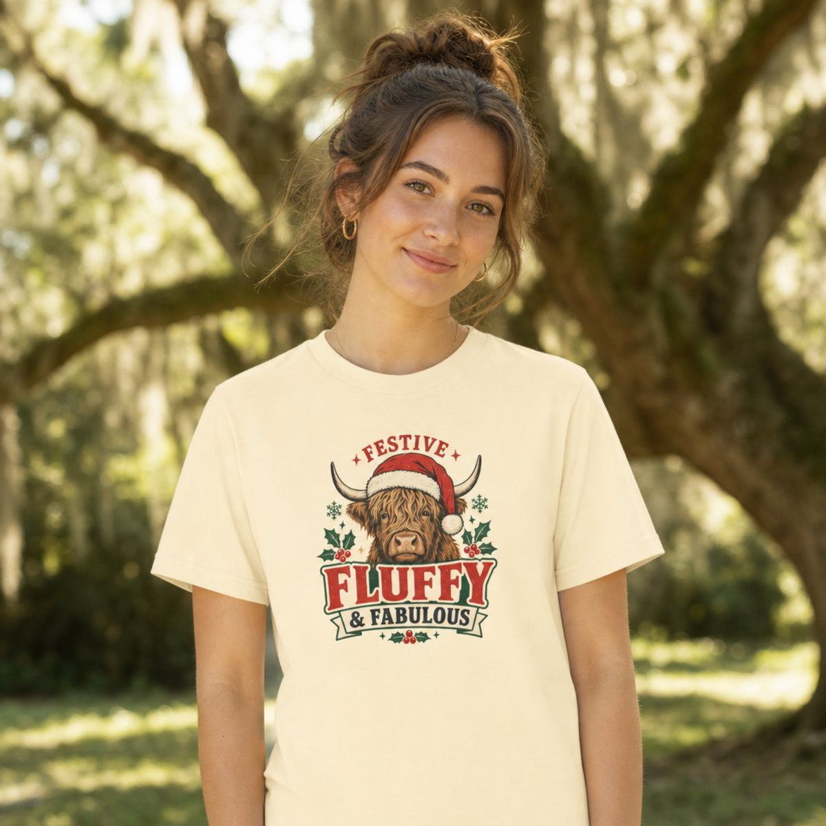 Festive Fluffy and Fabulous Highland Cow Christmas Comfort Colors 1717 Dyed Tee