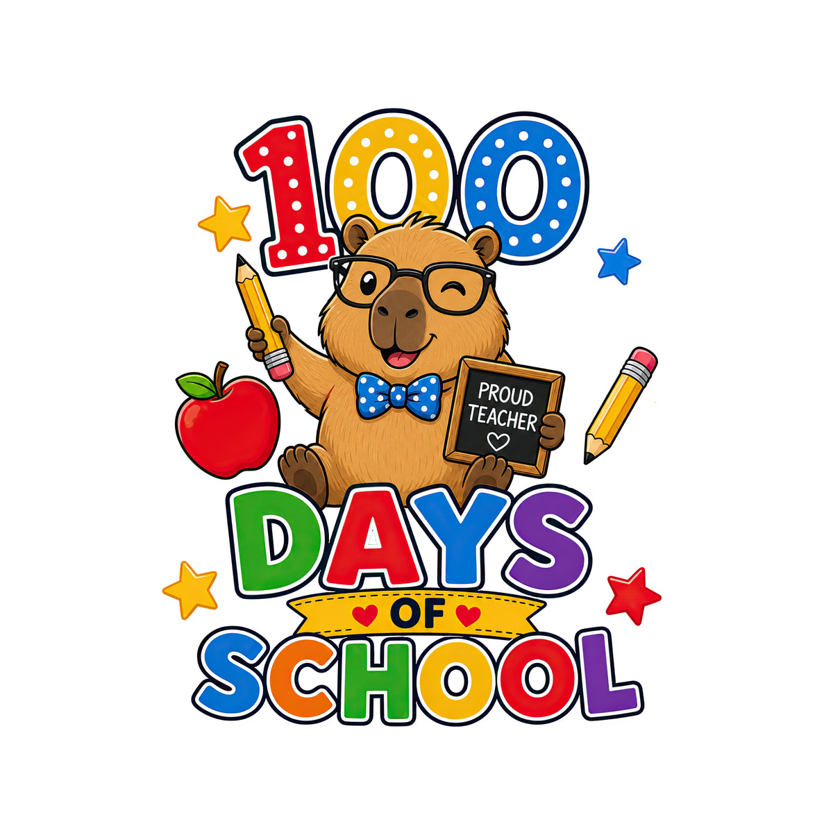 Proud Elementary Teacher Capybara 100 Days of School T-Shirt