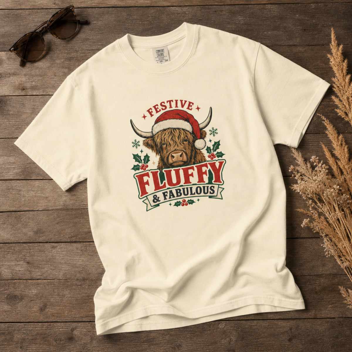 Festive Fluffy and Fabulous Highland Cow Christmas Comfort Colors 1717 Dyed Tee