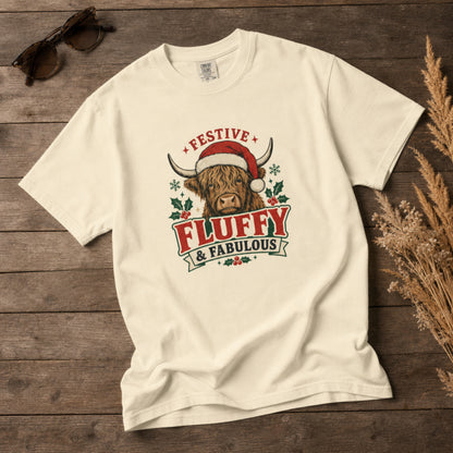 Festive Fluffy and Fabulous Highland Cow Christmas Comfort Colors 1717 Dyed Tee