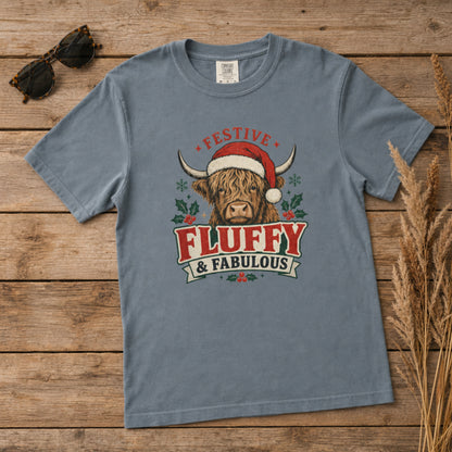 Festive Fluffy and Fabulous Highland Cow Christmas Comfort Colors 1717 Dyed Tee