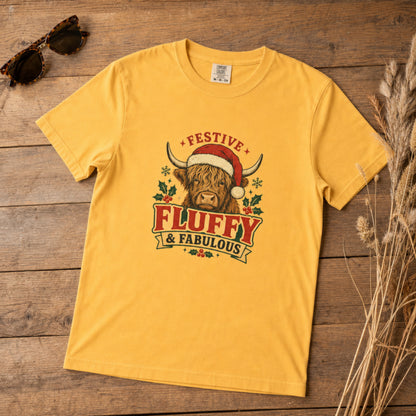 Festive Fluffy and Fabulous Highland Cow Christmas Comfort Colors 1717 Dyed Tee