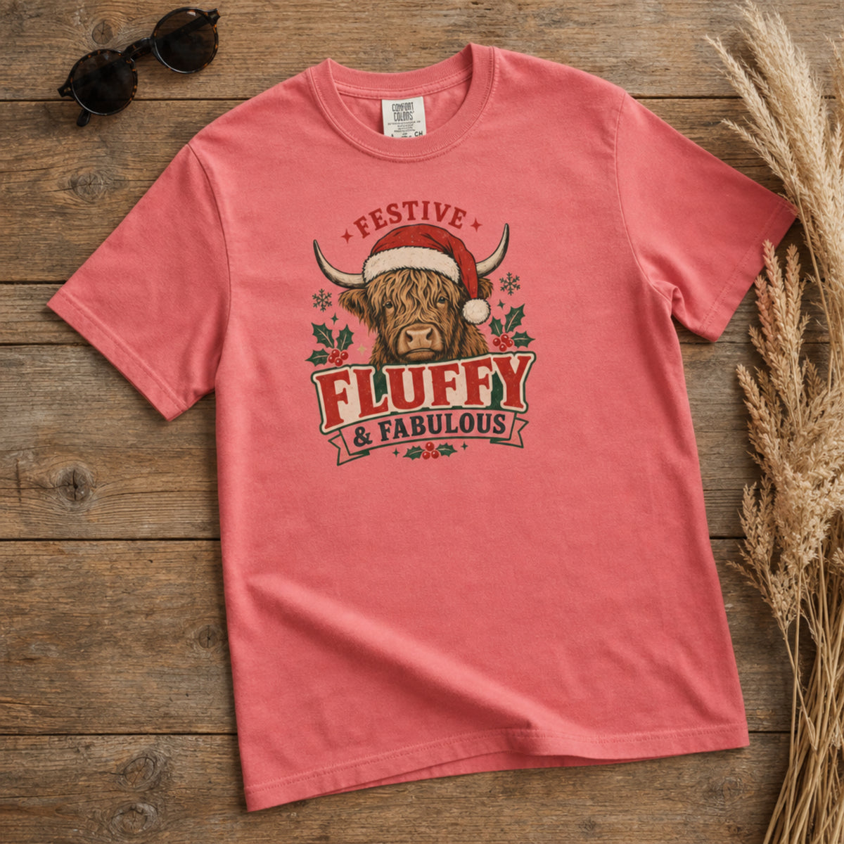 Festive Fluffy and Fabulous Highland Cow Christmas Comfort Colors 1717 Dyed Tee