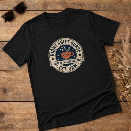 Night Shift Nurse Caffeine and Chaos Retro Badge T-Shirt
