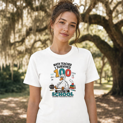 Math Teacher I Survived 100 Days of School Goose T-Shirt