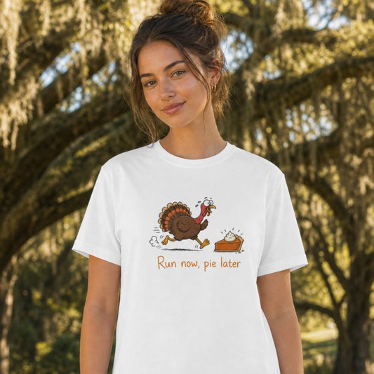 Run Now Pie Later T-Shirt | Funny Turkey Trot Thanksgiving Tee
