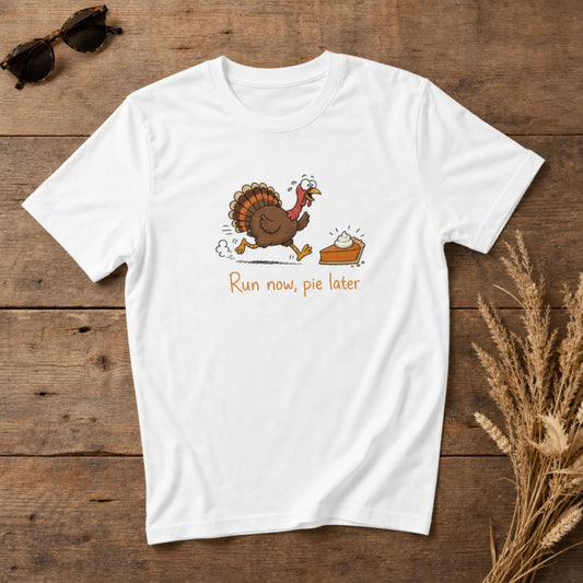 Run Now Pie Later T-Shirt | Funny Turkey Trot Thanksgiving Tee
