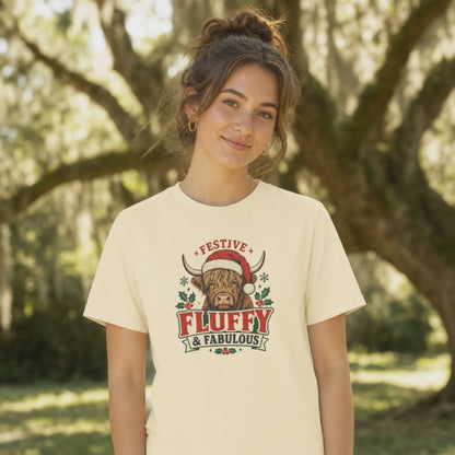 Festive Fluffy and Fabulous Highland Cow Christmas Comfort Colors 1717 Dyed Tee